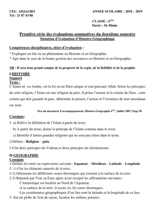 Première page de Histoire-Géographie 6e — 1re évaluation sommative, 2e semestre (2018-2019) · CEG ADJAGBO