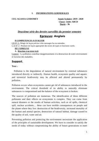 Première page de Anglais 2nde A & B, 2nde C, 2nde D — 2e devoir surveillé, 1er semestre (2019-2020) · CEG Agassa Godomey