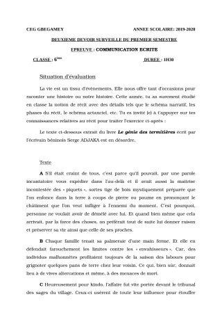 Première page de Français 6e — 2e devoir surveillé, 1er semestre (2019-2020) · CEG GBEGAMEY