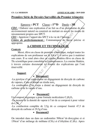 Première page de PCT 1ère D — 1er devoir surveillé, 1er trimestre (2019-2020) · CPEG La Moisson