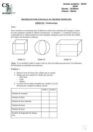 Première page de Mathématiques 6e — 1er devoir surveillé, 1er trimestre (2019-2020) · CPEG ROSAIRE