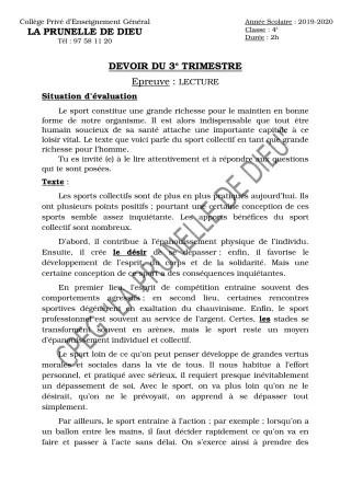 Première page de Français 4e, 4e ML — Devoir surveillé, 3e trimestre (2019-2020) · CEPG La Prunelle de Dieu