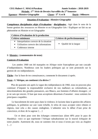 Première page de Histoire-Géographie Tle A1, Tle A2, Tle B — 1er devoir surveillé, 2e semestre (2018-2019) · CEG Hubert C. MAGA