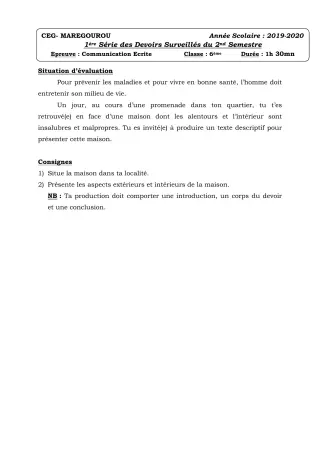 Première page de Français 6e — 1er devoir surveillé, 2e semestre (2019-2020) · CEG MAREGOUROU