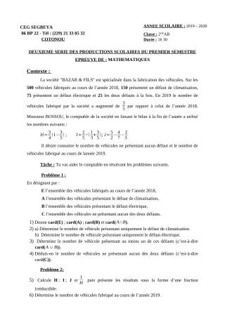 Première page de Mathématiques 2nde A & B — 2e production scolaire, 1er semestre (2019-2020) · CEG SEGBEYA
