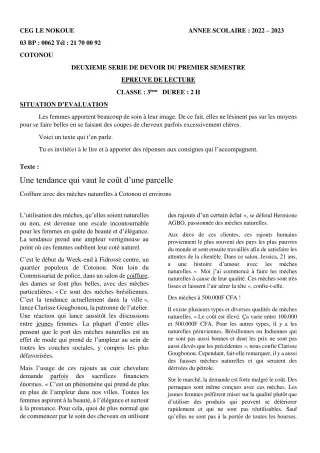 Première page de Français 3e, 3e ML — 2e devoir surveillé, 1er semestre (2022-2023) · CEG LE NOKOUE