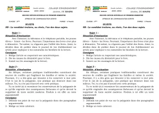 Première page de Français 3e — 2e devoir surveillé, 1er semestre (2021-2022) · CEG SEKERE