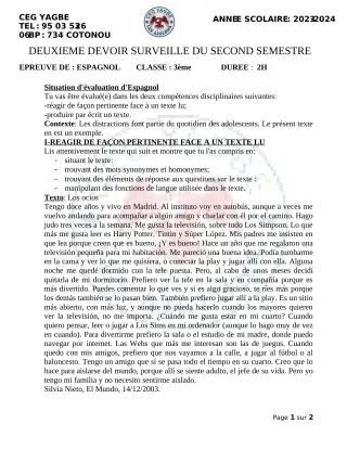 Première page de Espagnol 3e — 2e devoir surveillé, 2e semestre (2023-2024) · CEG Yagbe