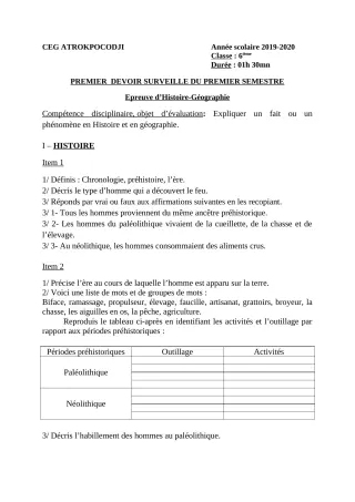 Première page de Histoire-Géographie 6e — 1er devoir surveillé, 1er semestre (2019-2020) · CEG ATROKPOCODJI