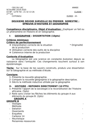 Première page de Histoire-Géographie 2nde D, 1ère A2 — 2e devoir surveillé, 1er semestre (2019-2020) · CEG du Lac