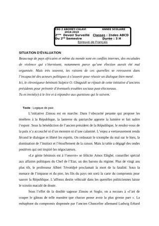 Première page de Français 2nde A, 2nde B, 2nde C, 2nde D — 2e devoir surveillé, 2e semestre (2018-2019) · CEG2 ABOMEY - CALAVI (CEG ZOCA)