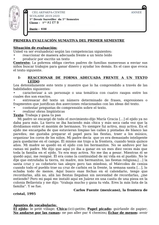 Première page de Espagnol 1ère A1, 1ère A2, 1ère B — 1er devoir surveillé, 1er semestre (2019-2020) · CEG 1 Akpakpa-Centre