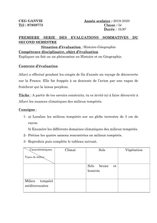 Première page de Histoire-Géographie 5e — 1re évaluation sommative, 2e semestre (2019-2020) · CEG Ganvié