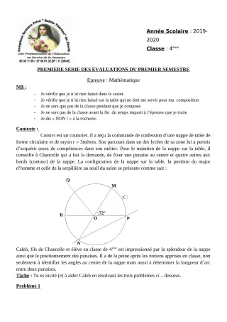 Première page de Mathématiques 4e ML — Composition, 1er semestre (2019-2020) · CPEG Ste Thérèse de Zinvié