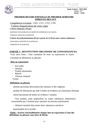 Première page de SVT 6e — 1er devoir surveillé, 1er semestre (2019-2020) · CEG ADJOVICODJI 'LES OLIVIERS'