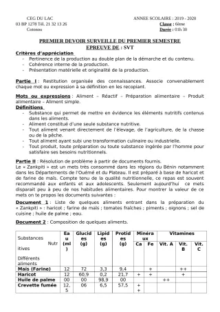 Première page de SVT 6e — 1er devoir surveillé, 1er semestre (2019-2020) · CEG du Lac