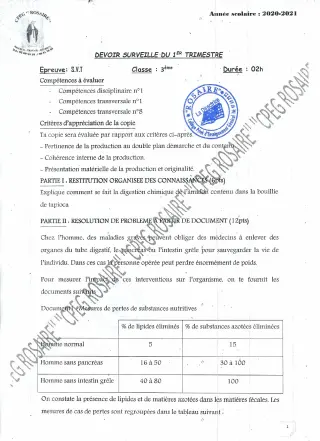 Première page de SVT 3e, 3e ML — 1er trimestre (2020-2021) · CPEG ROSAIRE