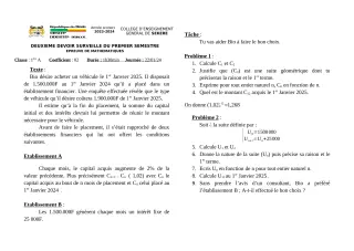 Première page de Mathématiques 1ère A2 — 2e devoir surveillé, 1er semestre (2023-2024) · CEG SEKERE