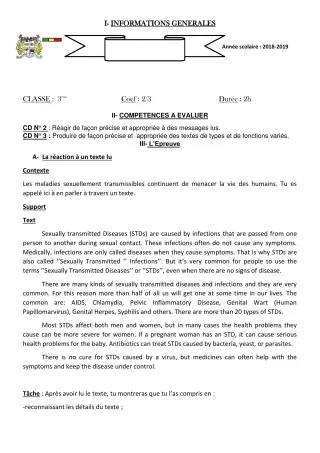 Première page de Devoir surveillé de ANGLAIS — 3e, 3e ML — CEG Hubert C. MAGA (2019)