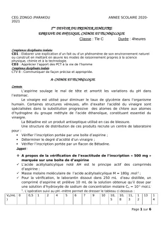 Première page de PCT Tle C — 2e devoir surveillé, 1er semestre (2020-2021) · CEG ZONGO