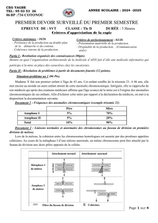 Première page de SVT Tle D — 1er devoir surveillé, 1er semestre (2024-2025) · CEG Yagbe