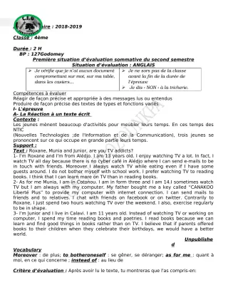 Première page de Anglais 4e, 4e ML — Évaluation sommative, 2e semestre (2018-2019) · CEG Lobozounkpa