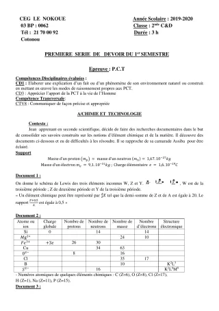 Première page de PCT 2nde C — 1er devoir surveillé, 1er semestre (2019-2020) · CEG LE NOKOUE