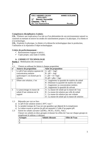 Première page de PCT Tle C — 1er devoir surveillé, 1er semestre (2022-2023) · CEG2 ABOMEY - CALAVI (CEG ZOCA)