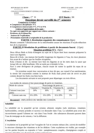 Première page de SVT 1ère D — 2e devoir surveillé (2018-2019) · CEG 2 KANDI