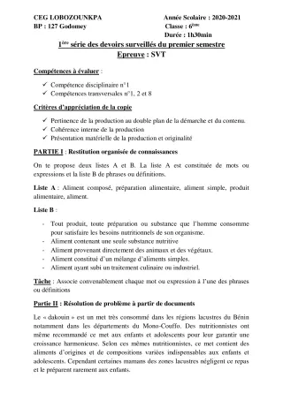 Première page de SVT 6e — 1er devoir surveillé, 1er semestre (2020-2021) · CEG Lobozounkpa