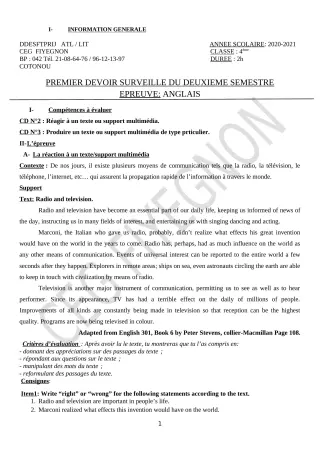 Première page de Anglais 4e — 1er devoir surveillé, 2e semestre (2020-2021) · CEG FIYEGNON