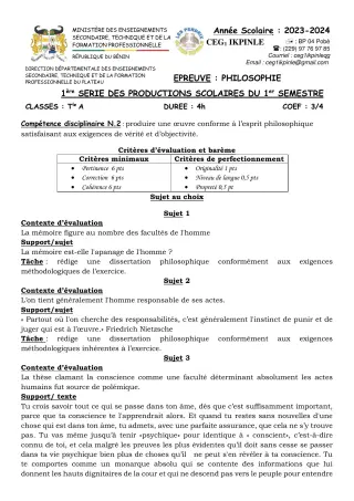 Première page de Philosophie 2nde A, 1ère A, Tle A1, Tle A2 — 1re production scolaire, 1er semestre (2023-2024) · CEG1 Ikpinlè