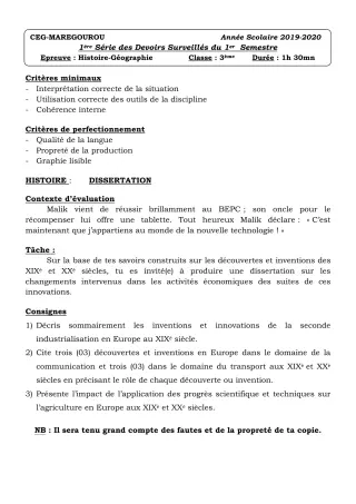 Première page de Histoire-Géographie 3e, 3e ML — 1er devoir surveillé, 1er semestre (2019-2020) · CEG MAREGOUROU