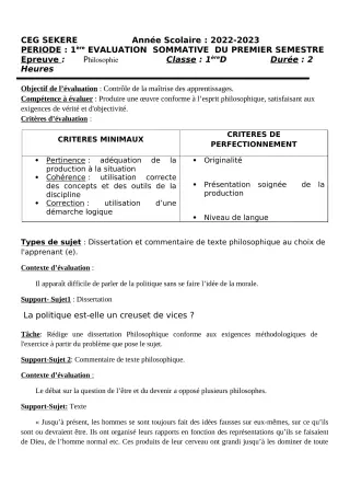 Première page de Philosophie 1ère D — 1re évaluation sommative, 1er semestre (2022-2023) · CEG SEKERE