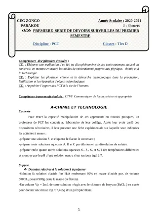 Première page de PCT Tle D — 1er devoir surveillé, 1er semestre (2020-2021) · CEG ZONGO