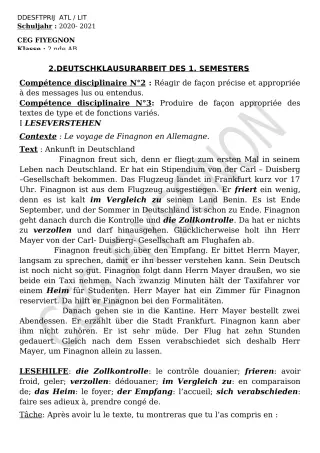 Première page de Devoir surveillé de ALLEMAND — 2nde A2, 2nde B — CEG FIYEGNON (2020)