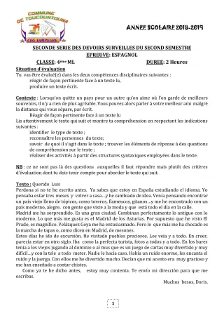 Première page de Espagnol 4e ML, 3e ML — 2e devoir surveillé, 2e semestre (2018-2019) · CEG TAMPÈGRÉ