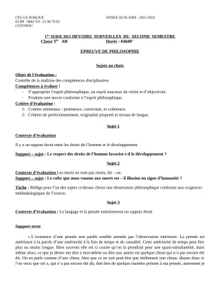 Première page de Philosophie Tle A1, Tle A2, Tle B — 1er devoir surveillé, 2e semestre (2021-2022) · CEG LE NOKOUE