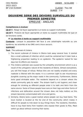 Première page de Anglais Tle A2, Tle B — 2e devoir surveillé, 1er semestre (2022-2023) · CEG PAHOU