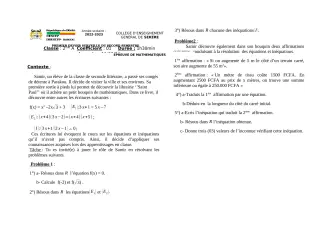 Première page de Mathématiques 2nde A2 — 1er devoir surveillé, 2e semestre (2023-2024) · CEG SEKERE