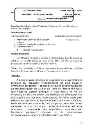 Première page de Devoir surveillé de HIST-GEO — Tle A1 — CEG2 ABOMEY - CALAVI (CEG ZOCA) (2021)