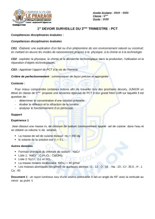 Première page de PCT 5e — 1er devoir surveillé, 3e trimestre (2019-2020) · CPEG LE PHARAON