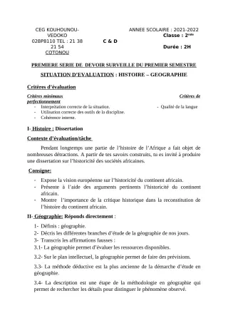 Première page de Histoire-Géographie 2nde C, 2nde D — 1er devoir surveillé, 1er semestre (2021-2022) · CEG Kouhounou-Vêdoko