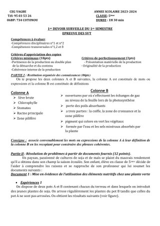 Première page de SVT 5e — 1er devoir surveillé, 1er semestre (2023-2024) · CEG Yagbe