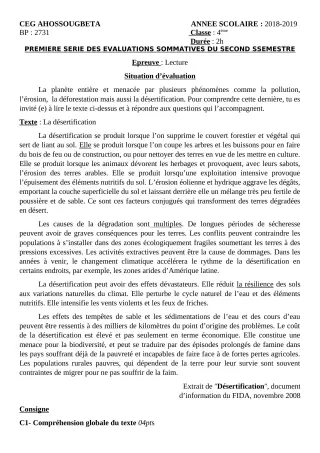 Première page de Français 6e, 5e, 4e, 4e ML, 3e, 3e ML, 2nde A & B, 2nde D — 1re évaluation sommative (2018-2019) · CEG Ahossougbéta