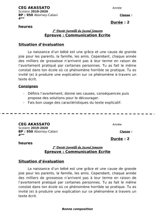Première page de Français 4e ML&MC — 1er devoir surveillé, 2e semestre (2019-2020) · CEG Akassato
