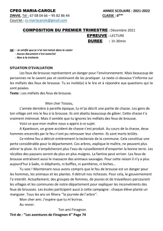 Première page de Français 6e — Composition, 1er trimestre (2021-2022) · CPEG MARIA-CAROLE