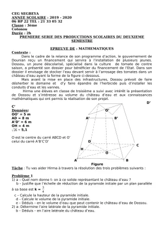 Première page de Mathématiques 3e — 1re production scolaire, 2e semestre (2019-2020) · CEG SEGBEYA