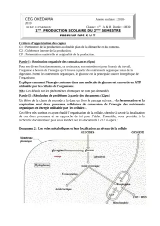 Première page de SVT 1ère A1, 1ère A2, 1ère B — 1re production scolaire, 2e semestre (2018-2019) · CEG OKEDAMA