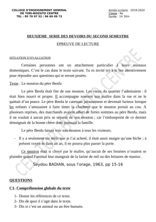 Première page de Français 6e, 5e, 4e — 2e devoir surveillé, 2e semestre (2019-2020) · CEG Tori-Bossito Centre